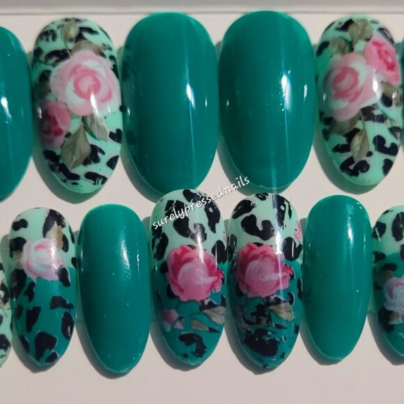Green and Mint Green, Black Leopard Print and Pink Flowers- Oval Shaped Nails - Picture 3 of 3